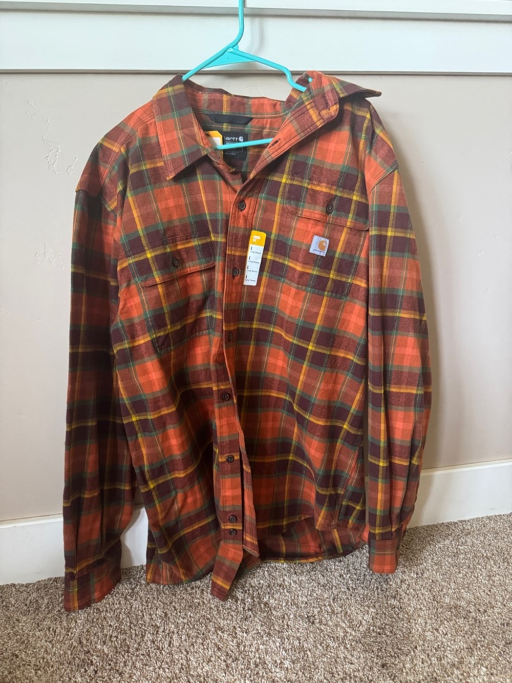 Carhartt Orange and Brown Plaid Cotton Work Shirt